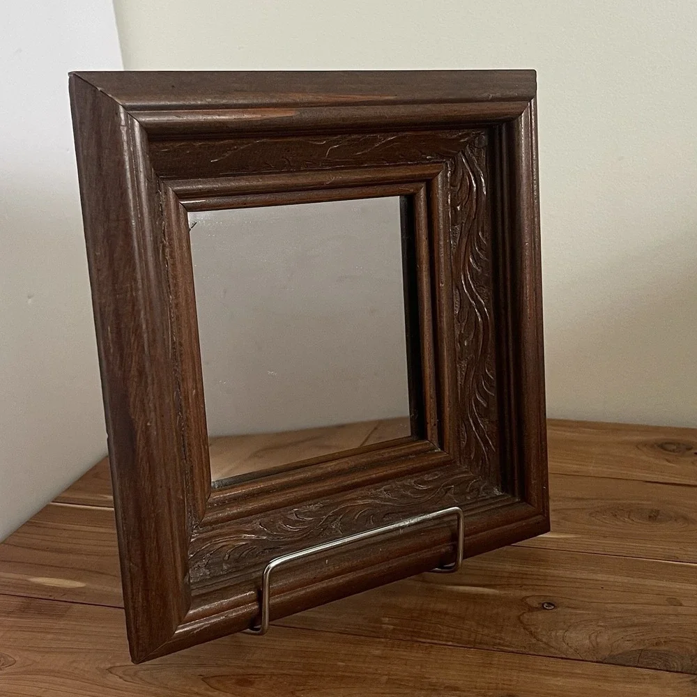 VINTAGE Signed Hand Carved Wood Framed Square Mirror Victorian Cabin 8x8